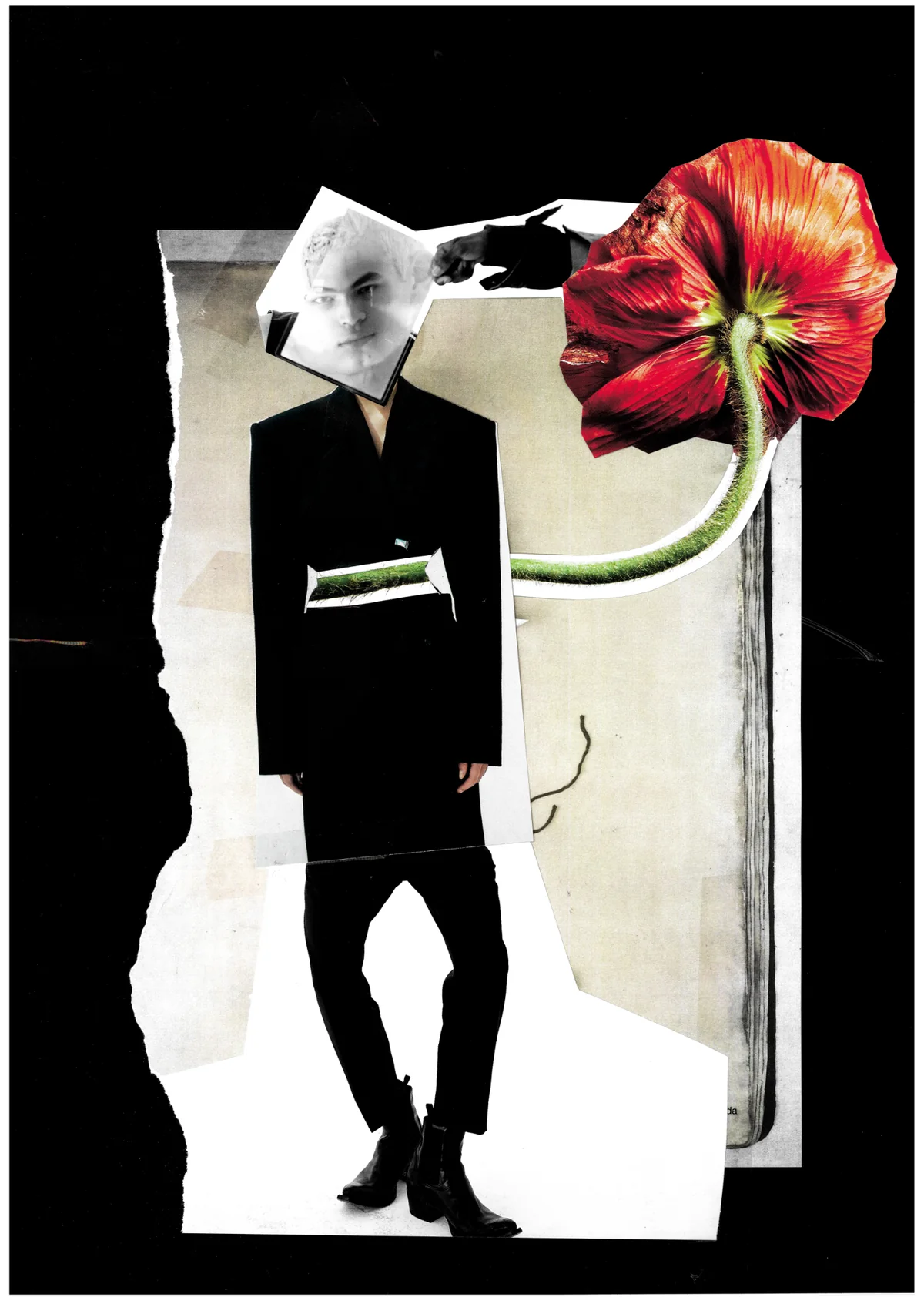 Collage éditorial : silhouette en costume noir reliée à une grande fleur rouge